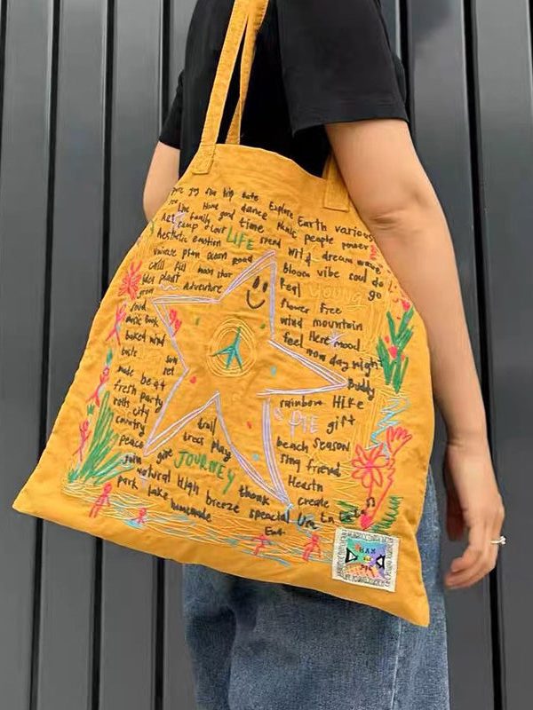 Ethnic Style Yellow Embroidery Star Cotton Shoulder Bags