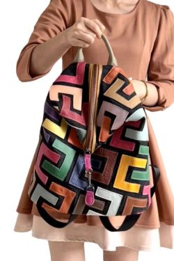 European And American Fashion Colorful Cowhide Patchwork Backpack