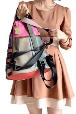European And American Fashion Colorful Cowhide Patchwork Backpack