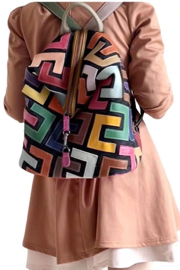 European And American Fashion Colorful Cowhide Patchwork Backpack