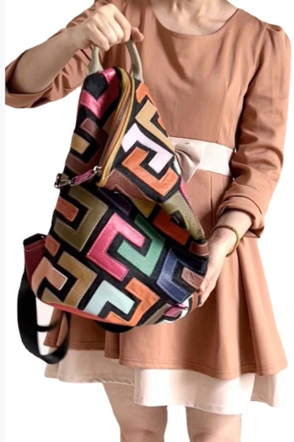 European And American Fashion Colorful Cowhide Patchwork Backpack