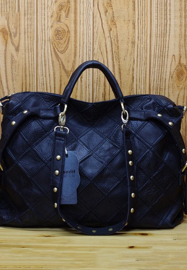 European And American Fashion Contrasting Plaid Patchwork Rivet Handbag