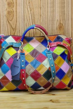 European And American Fashion Contrasting Plaid Patchwork Rivet Handbag