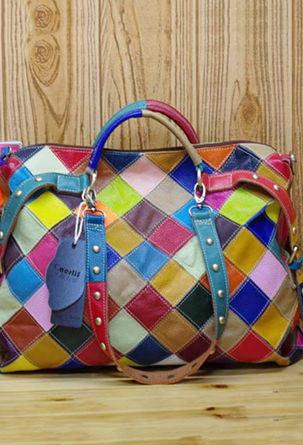 European And American Fashion Contrasting Plaid Patchwork Rivet Handbag