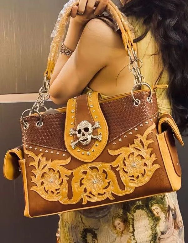European And American Skulls Embroidery Rivet Satchel Bag Handbag