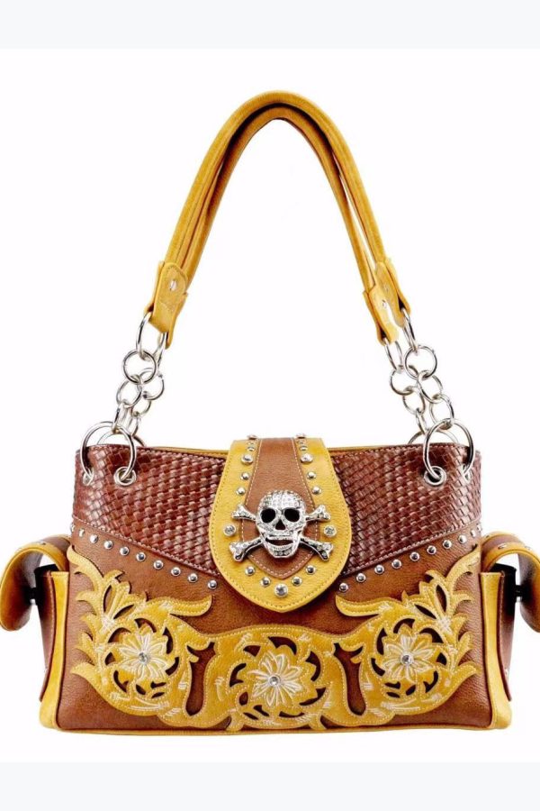 European And American Skulls Embroidery Rivet Satchel Bag Handbag