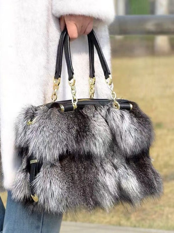 European And American Style Fox Fur Large Capacity Tote Handbag