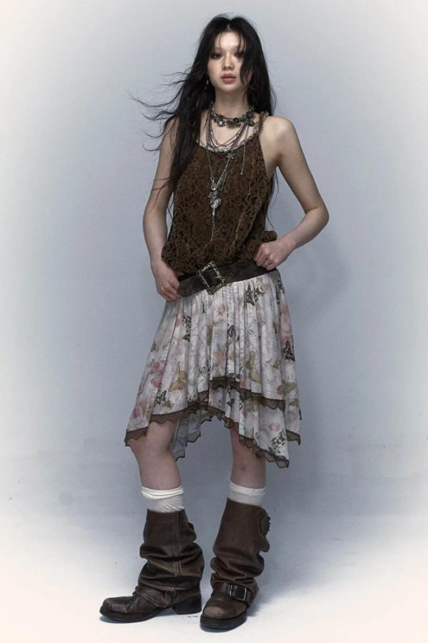 Fairy Grunge Floral Asymmetric Midi Skirt