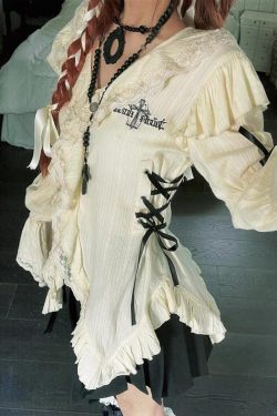 Fairy Grunge Ruffled Lace Up Blouse