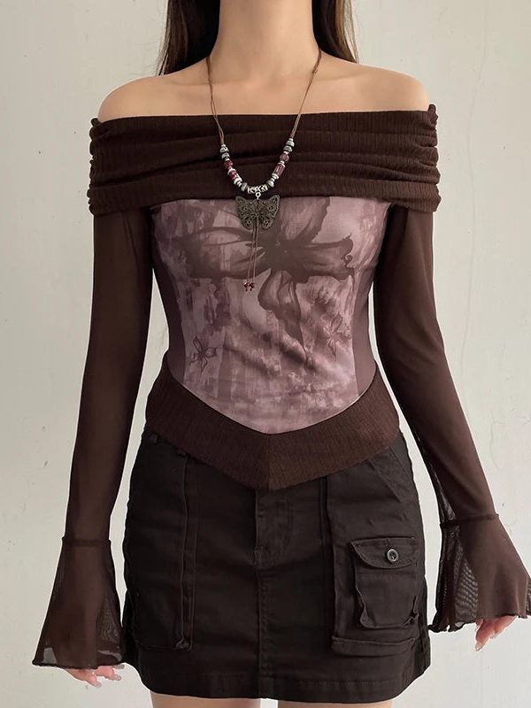 Fairycore Butterfly Ruched Off Shoulder Top