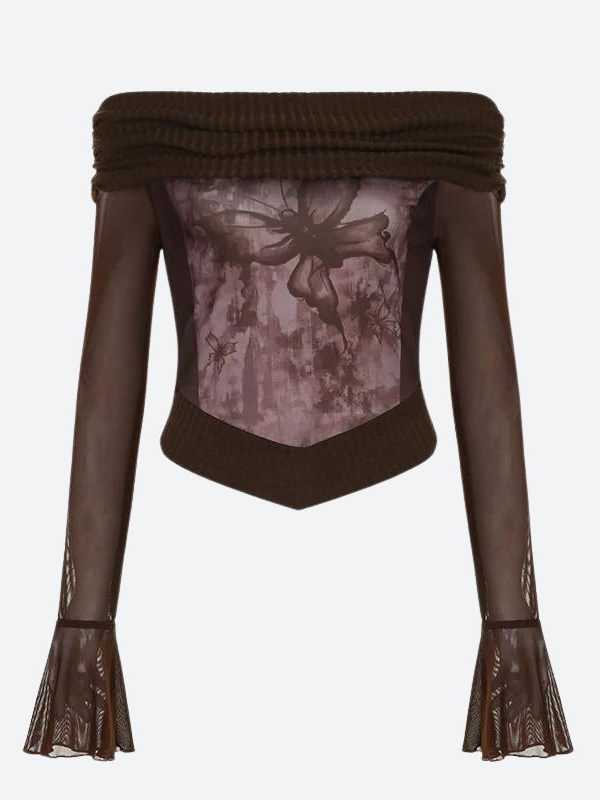 Fairycore Butterfly Ruched Off Shoulder Top