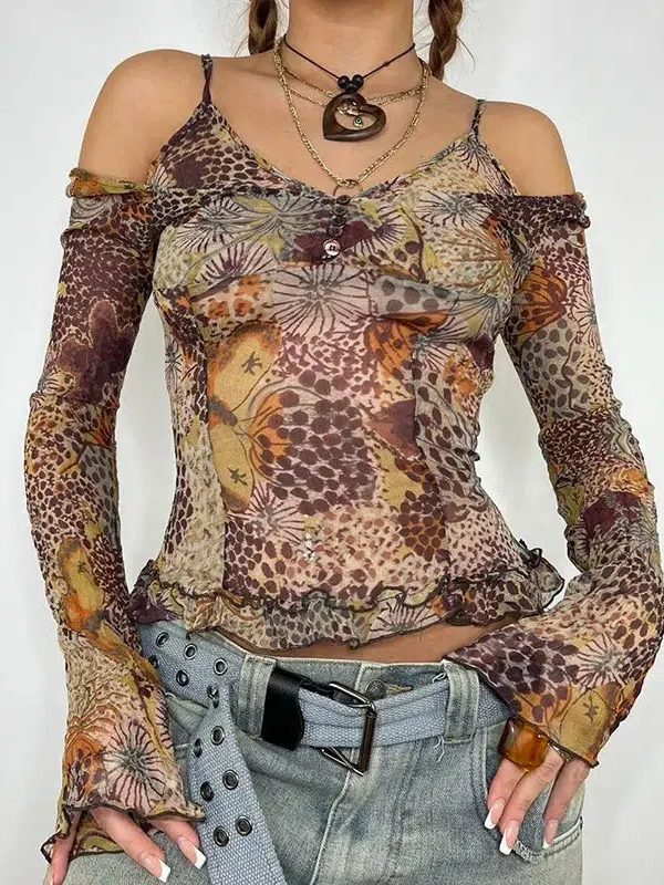 Fairycore Floral Mesh Top