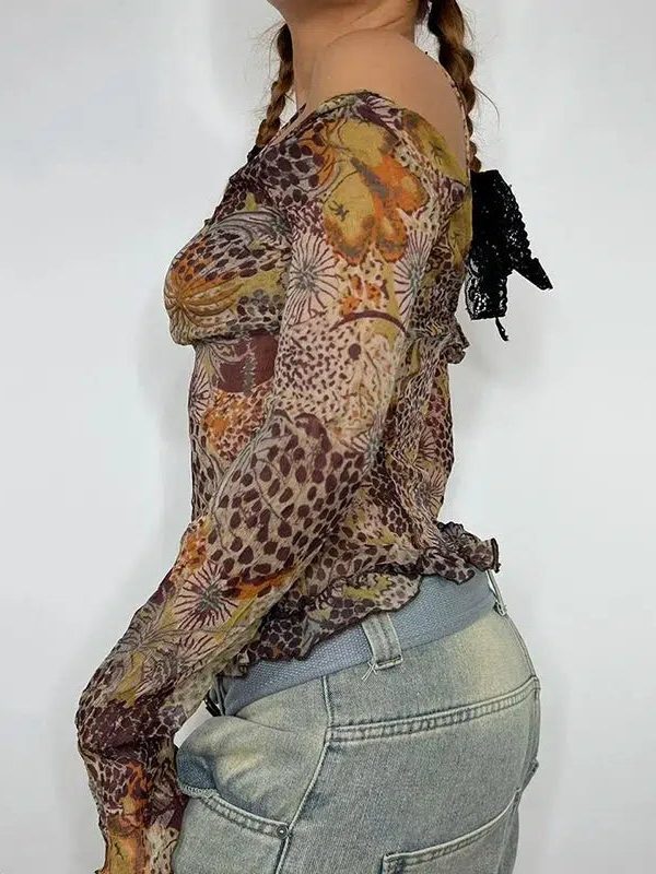 Fairycore Floral Mesh Top