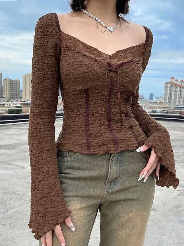 Fairycore Lace Detailed Shirred Top