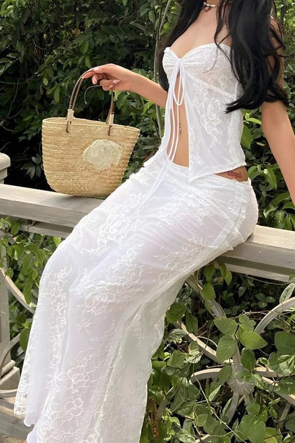 Fairycore Lace Strapless Top & Maxi Skirt Two Piece Set