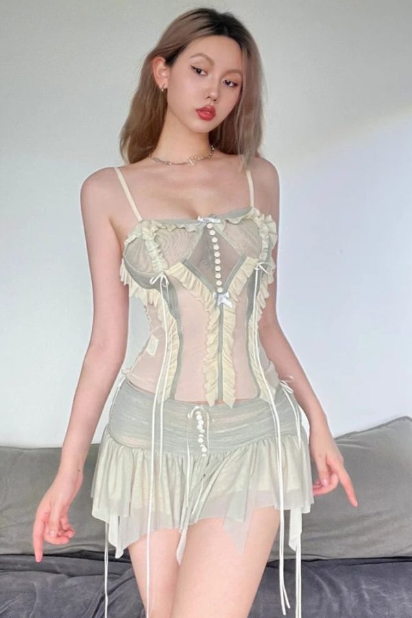 Fairycore Mesh Ruffled Top & Mini Skirt Two Piece Set