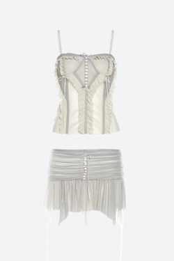Fairycore Mesh Ruffled Top & Mini Skirt Two Piece Set