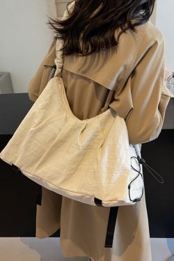 Fashion Beige Drawstring Solid Durable Nylon Messenger Bag