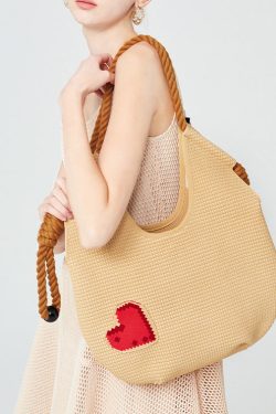 Fashion Beige Solid Durable Patchwork Love Woven Shoulder Bags