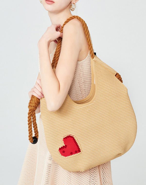 Fashion Beige Solid Durable Patchwork Love Woven Shoulder Bags