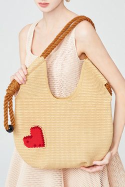Fashion Beige Solid Durable Patchwork Love Woven Shoulder Bags