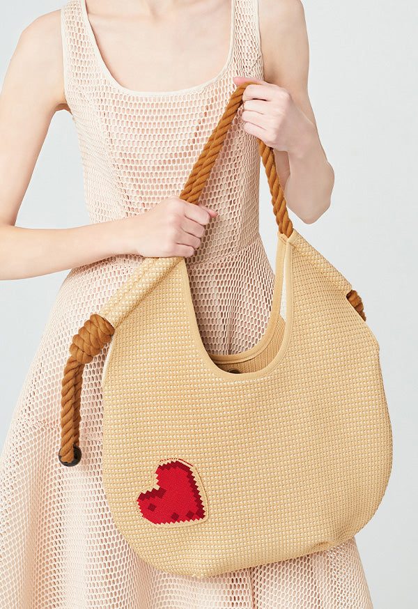 Fashion Beige Solid Durable Patchwork Love Woven Shoulder Bags