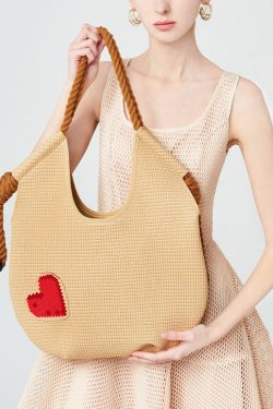 Fashion Beige Solid Durable Patchwork Love Woven Shoulder Bags