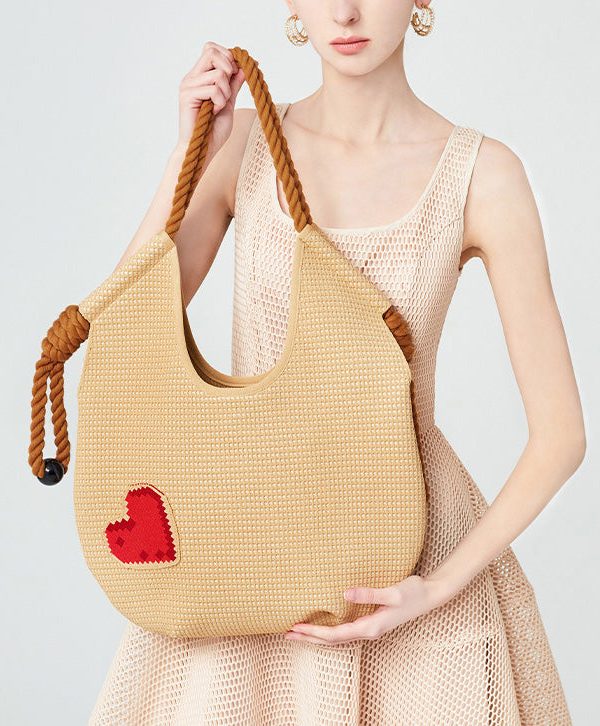 Fashion Beige Solid Durable Patchwork Love Woven Shoulder Bags