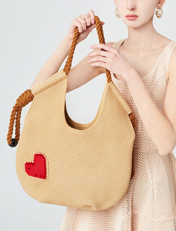 Fashion Beige Solid Durable Patchwork Love Woven Shoulder Bags