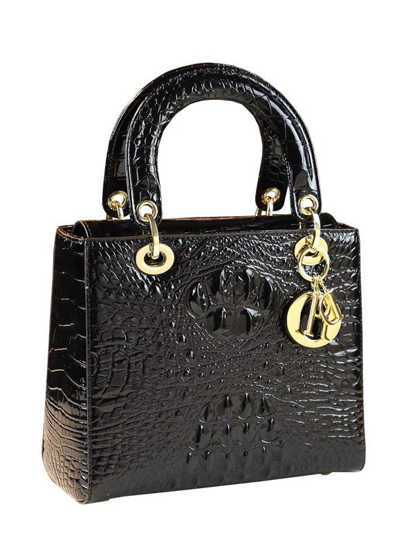 Fashion Black Alligator Pattern Solid Durable Faux Leather Tote Handbag