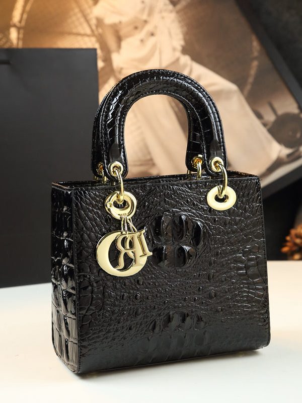 Fashion Black Alligator Pattern Solid Durable Faux Leather Tote Handbag