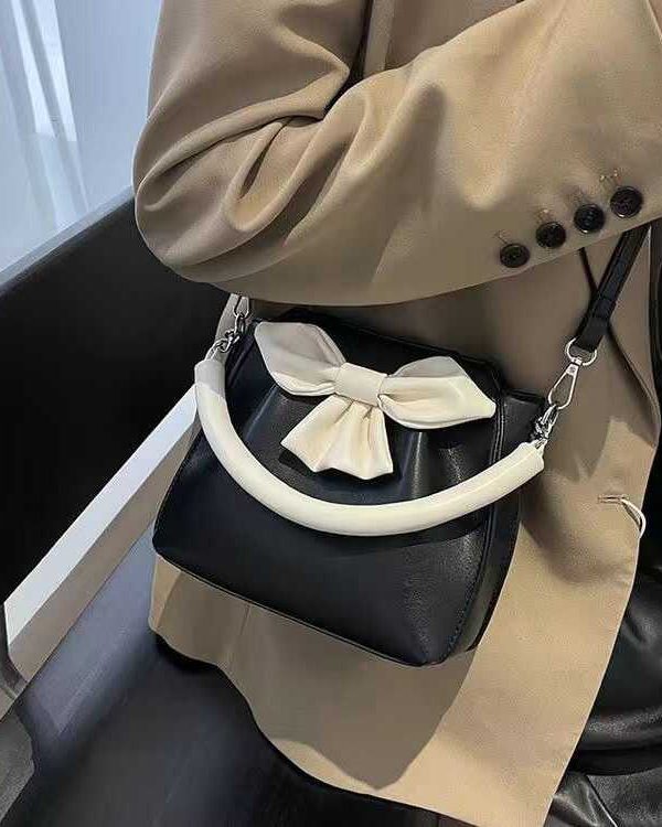 Fashion Black Bow Patchwork Faux Leather Tote Handbag