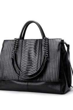 Fashion Black Chain Linked Patchwork Faux Leather Tote Handbag