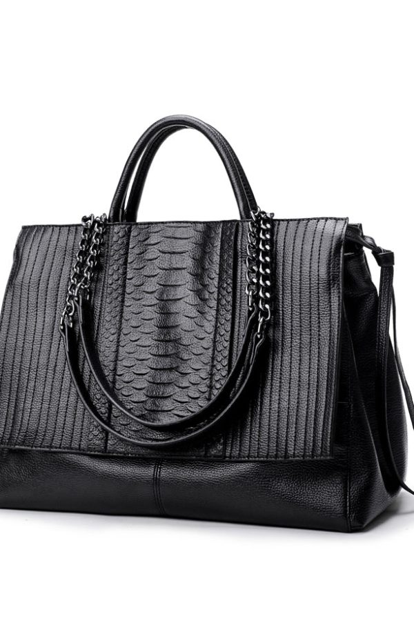 Fashion Black Chain Linked Patchwork Faux Leather Tote Handbag