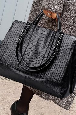 Fashion Black Chain Linked Patchwork Faux Leather Tote Handbag
