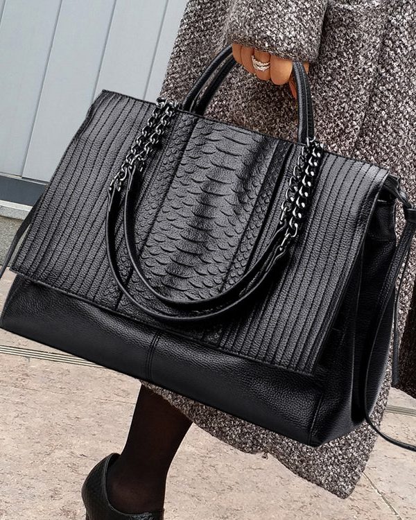 Fashion Black Chain Linked Patchwork Faux Leather Tote Handbag