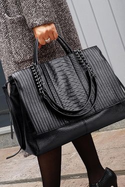 Fashion Black Chain Linked Patchwork Faux Leather Tote Handbag