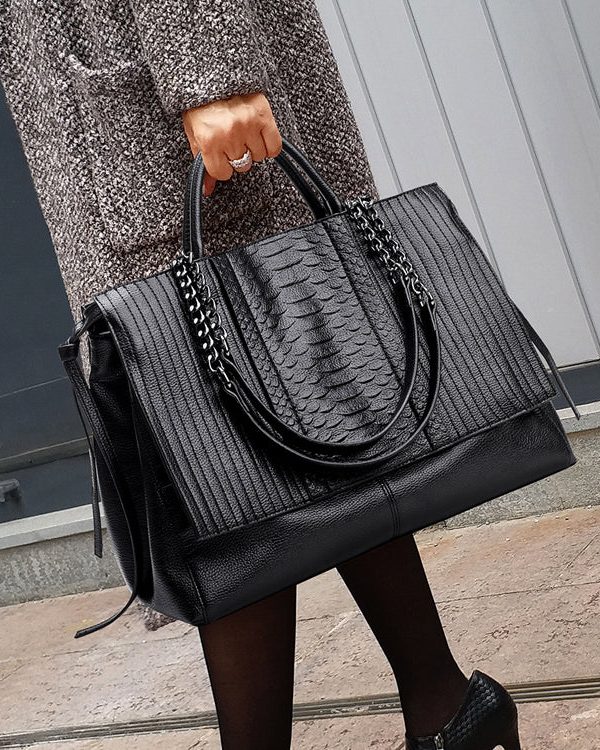 Fashion Black Chain Linked Patchwork Faux Leather Tote Handbag