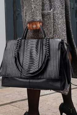 Fashion Black Chain Linked Patchwork Faux Leather Tote Handbag