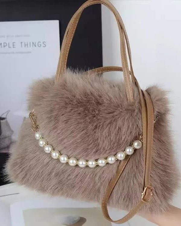 Fashion Black Faux Fur Bead Versatile Tote Handbag