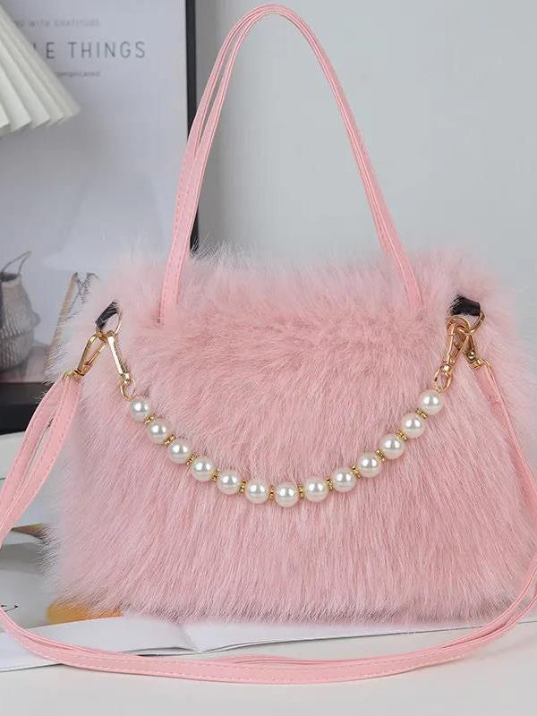 Fashion Black Faux Fur Bead Versatile Tote Handbag