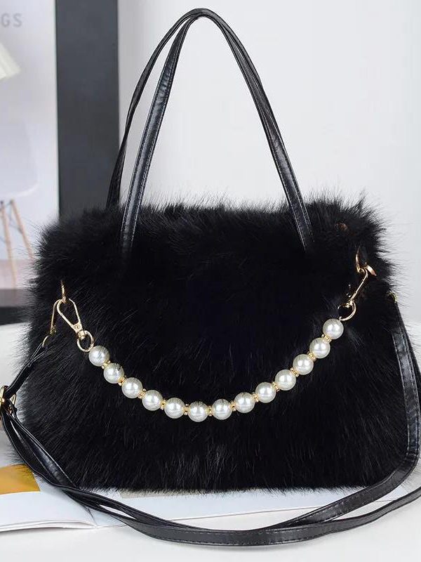Fashion Black Faux Fur Bead Versatile Tote Handbag
