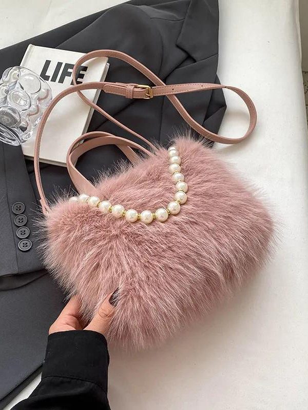 Fashion Black Faux Fur Bead Versatile Tote Handbag