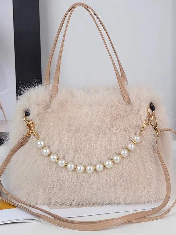 Fashion Black Faux Fur Bead Versatile Tote Handbag