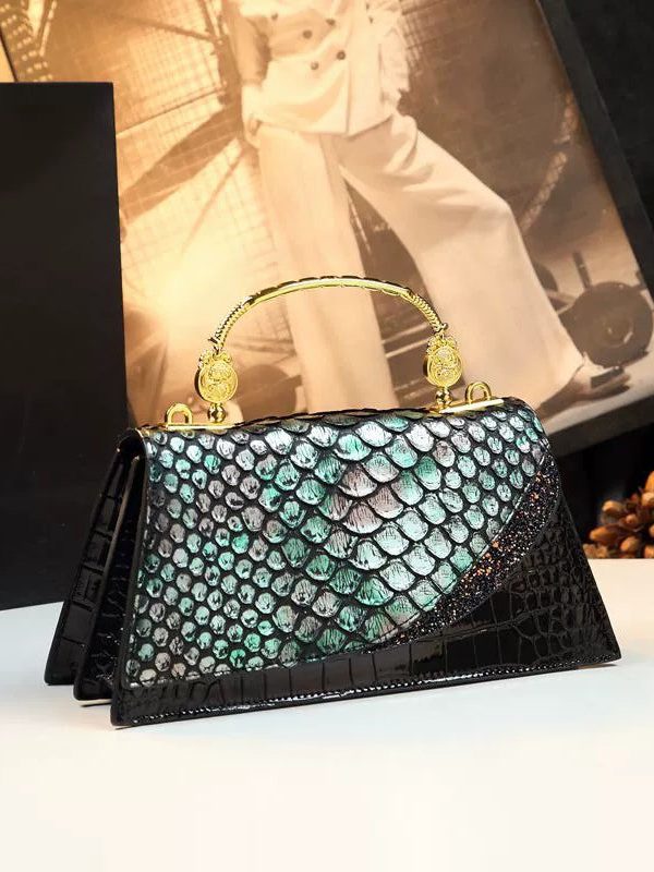 Fashion Black Gold Embossed Calf Leather Tote Handbag