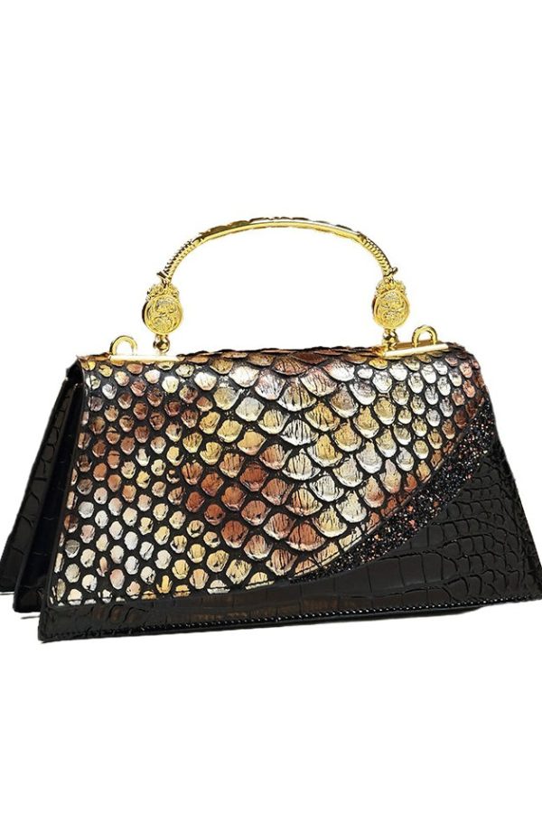 Fashion Black Gold Embossed Calf Leather Tote Handbag