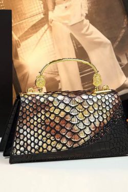 Fashion Black Gold Embossed Calf Leather Tote Handbag