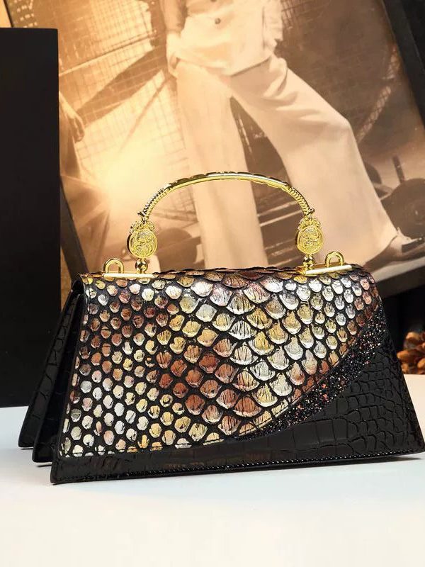 Fashion Black Gold Embossed Calf Leather Tote Handbag