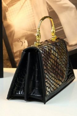 Fashion Black Gold Embossed Calf Leather Tote Handbag