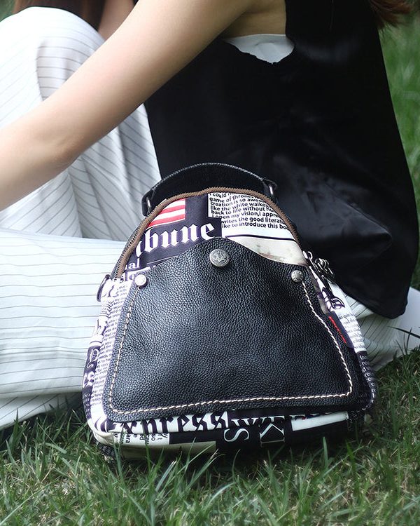 Fashion Black Graphic Cotton Patchwork Calf Leather Satchel Bag Handbag